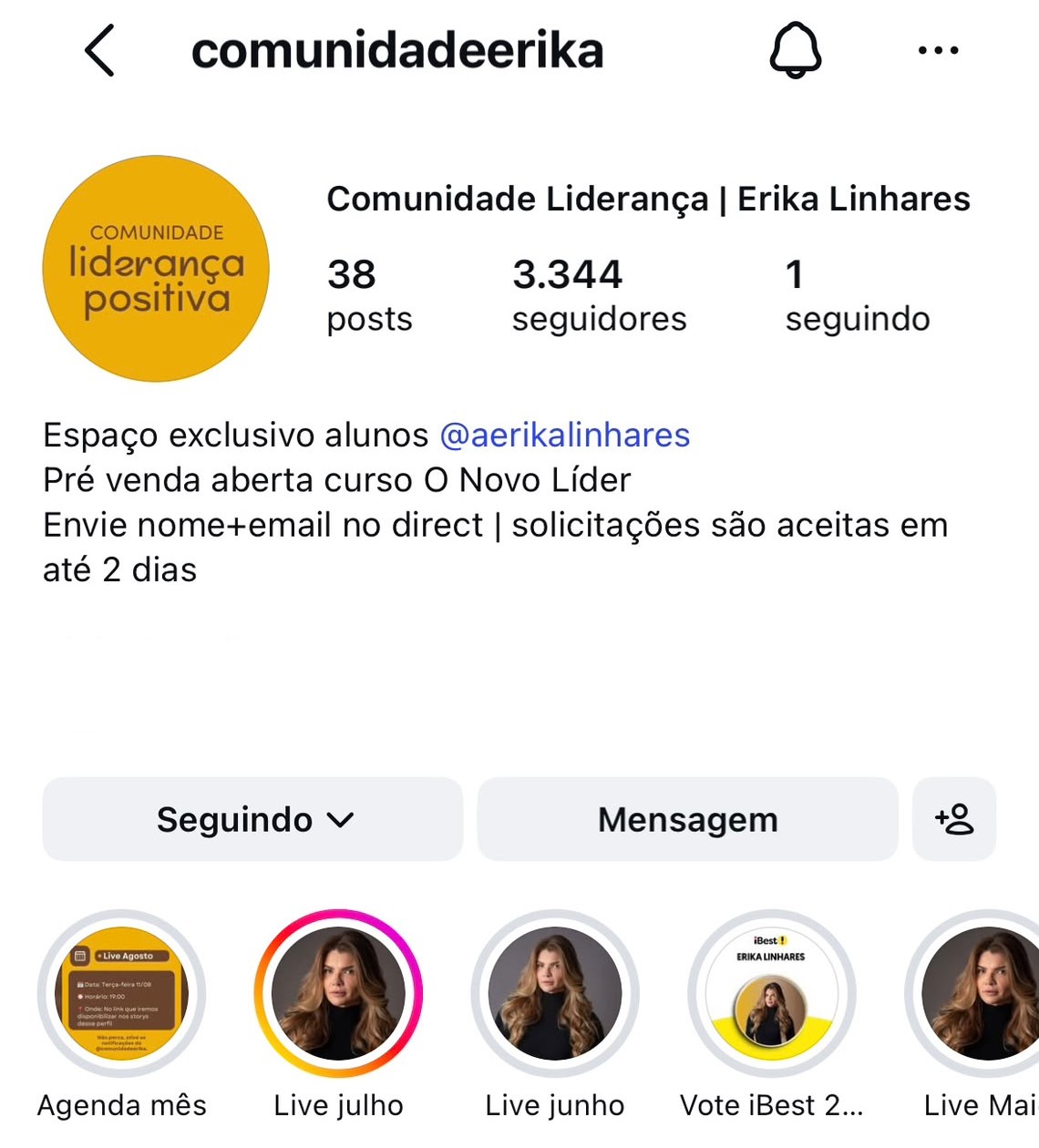 Perfil do Instagram privado da Comunidade Liderança Positiva com mais de 3.300 alunos