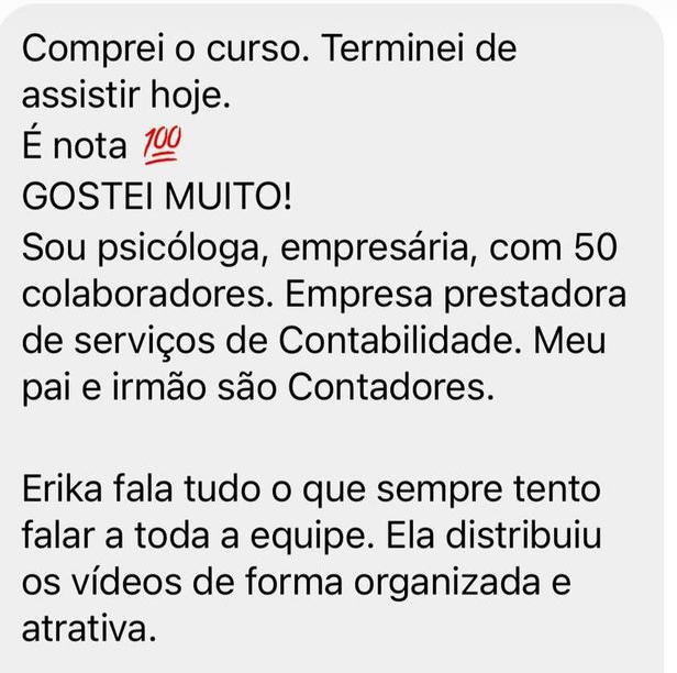 Depoimento enviado por mensagem direta sobre o curso